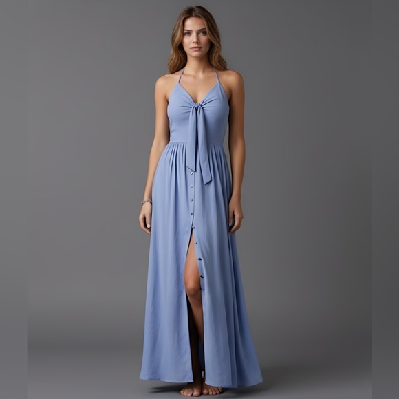 Boho Blue Knot Front Tie Back Maxi Halter Dress - Picture 5 of 8